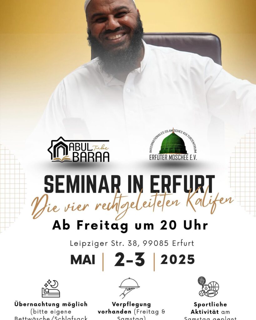 Flyer Ankündigung Seminar mit salafistischen Prediger Abul Baraa in Erfurt in Kooperation mit dem Erfurter Moschee e.V.